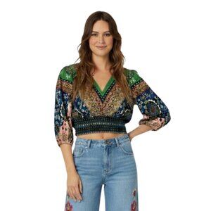 Farm Rio NWT Deep-V Puff-Sleeve Smocked Linen Blend Boho Blouse M